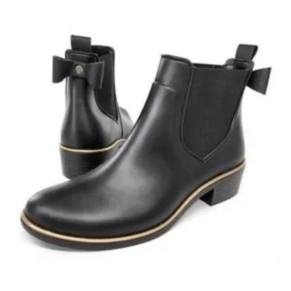 Kate Spade Edimburg Rain Boots Women 8 Black Gold Trim Bow Chelsea Ankle Boot
